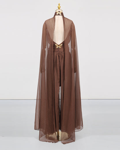 Coffee Chiffon Cape-Sleeve Halter Maxi Dress