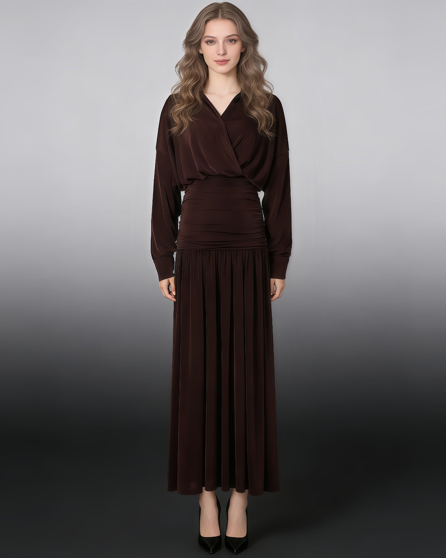 Coffee Collared Ruched Fitted Maxi Dress