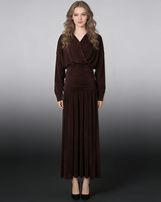 Coffee Collared Ruched Fitted Maxi Dress