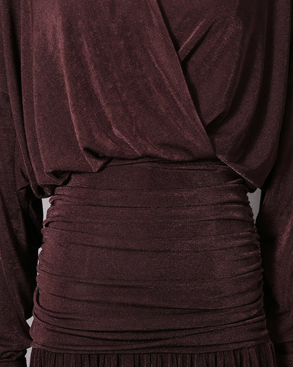 Coffee Collared Ruched Fitted Maxi Dress