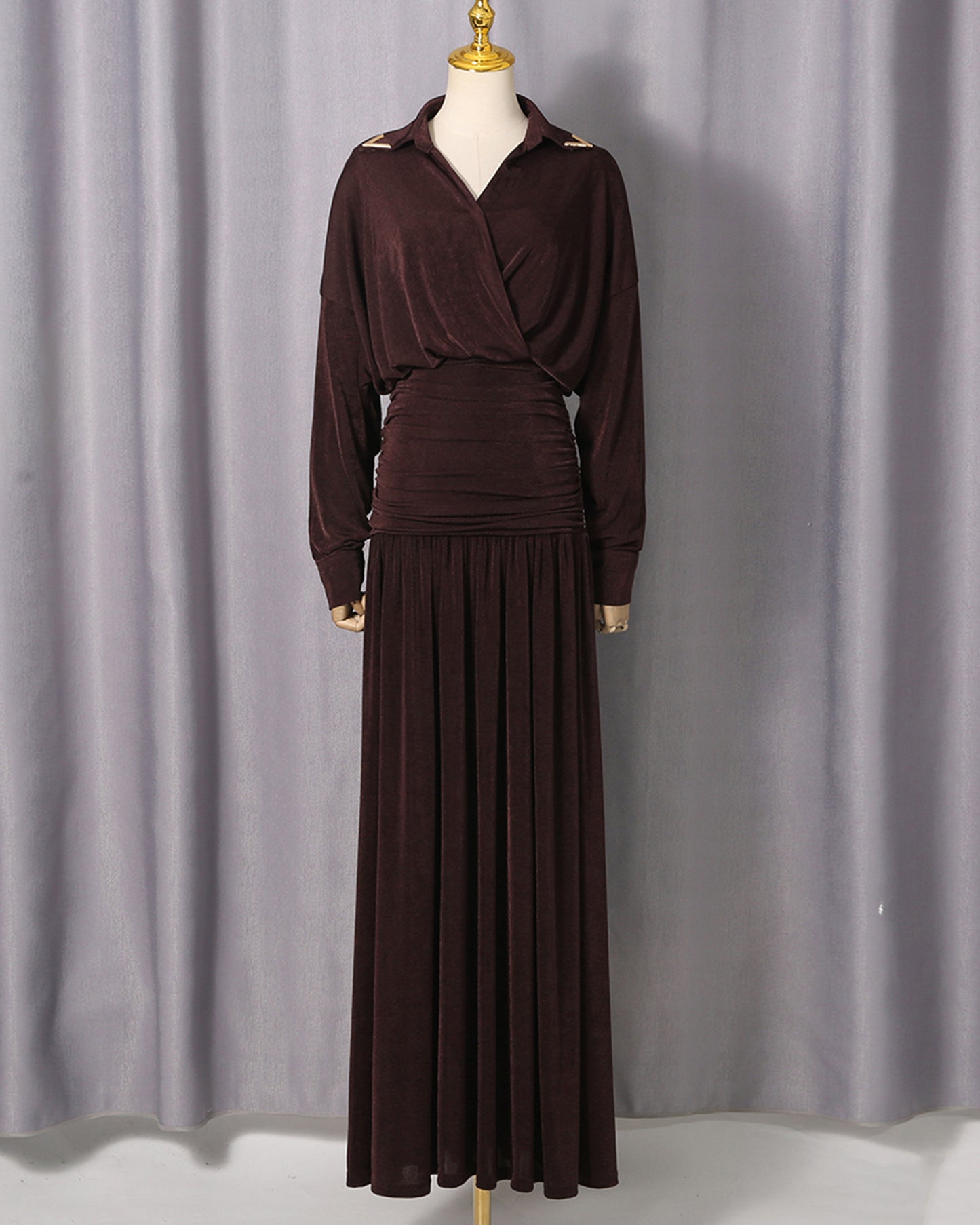 Coffee Collared Ruched Fitted Maxi Dress