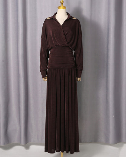 Coffee Collared Ruched Fitted Maxi Dress