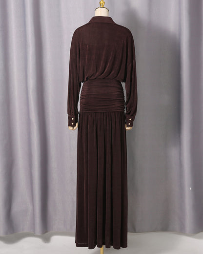 Coffee Collared Ruched Fitted Maxi Dress