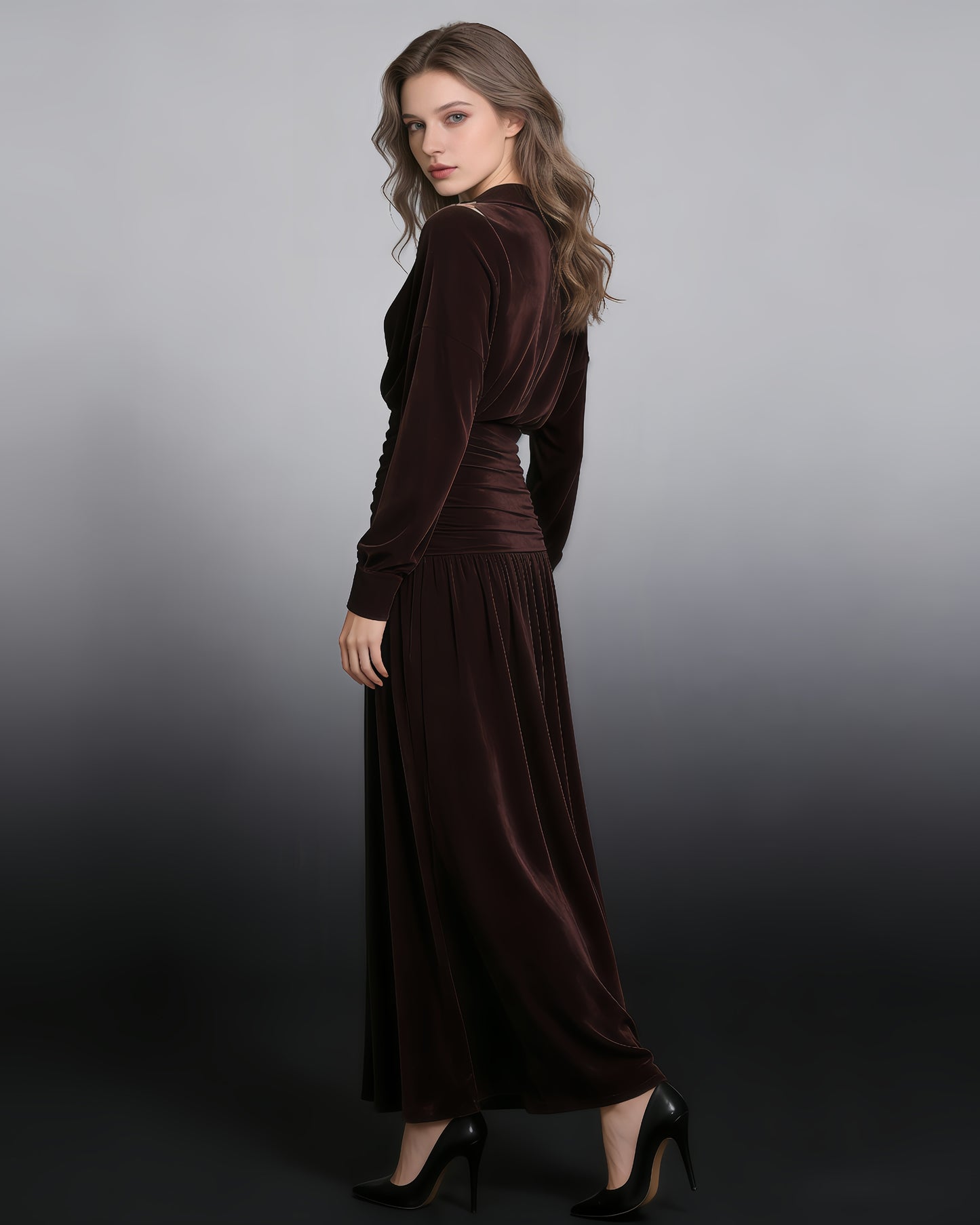 Coffee Collared Ruched Fitted Maxi Dress