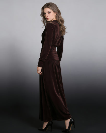Coffee Collared Ruched Fitted Maxi Dress
