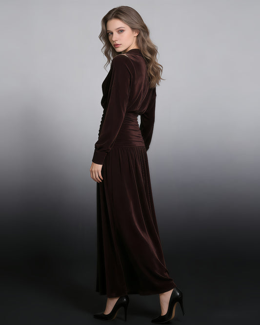 Coffee Collared Ruched Fitted Maxi Dress