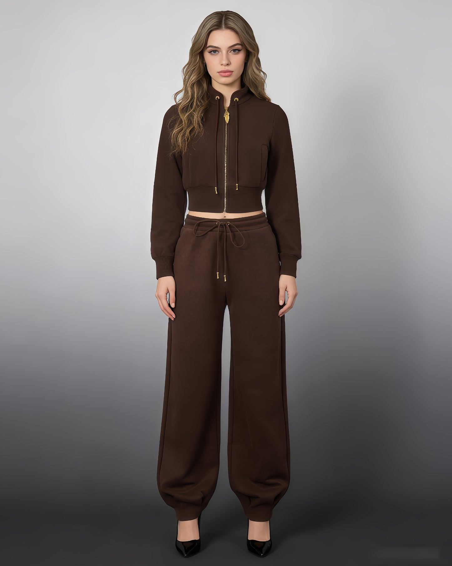 Coffee Cropped Zip-Up Jacket & Jogger Set