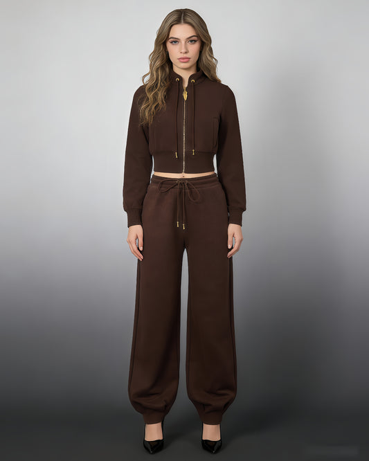 Coffee Cropped Zip-Up Jacket & Jogger Set