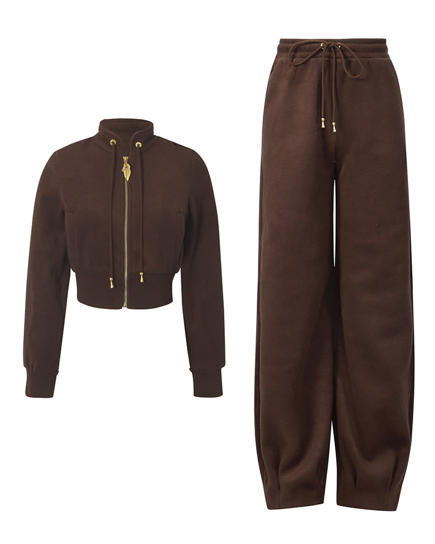 Coffee Cropped Zip-Up Jacket & Jogger Set