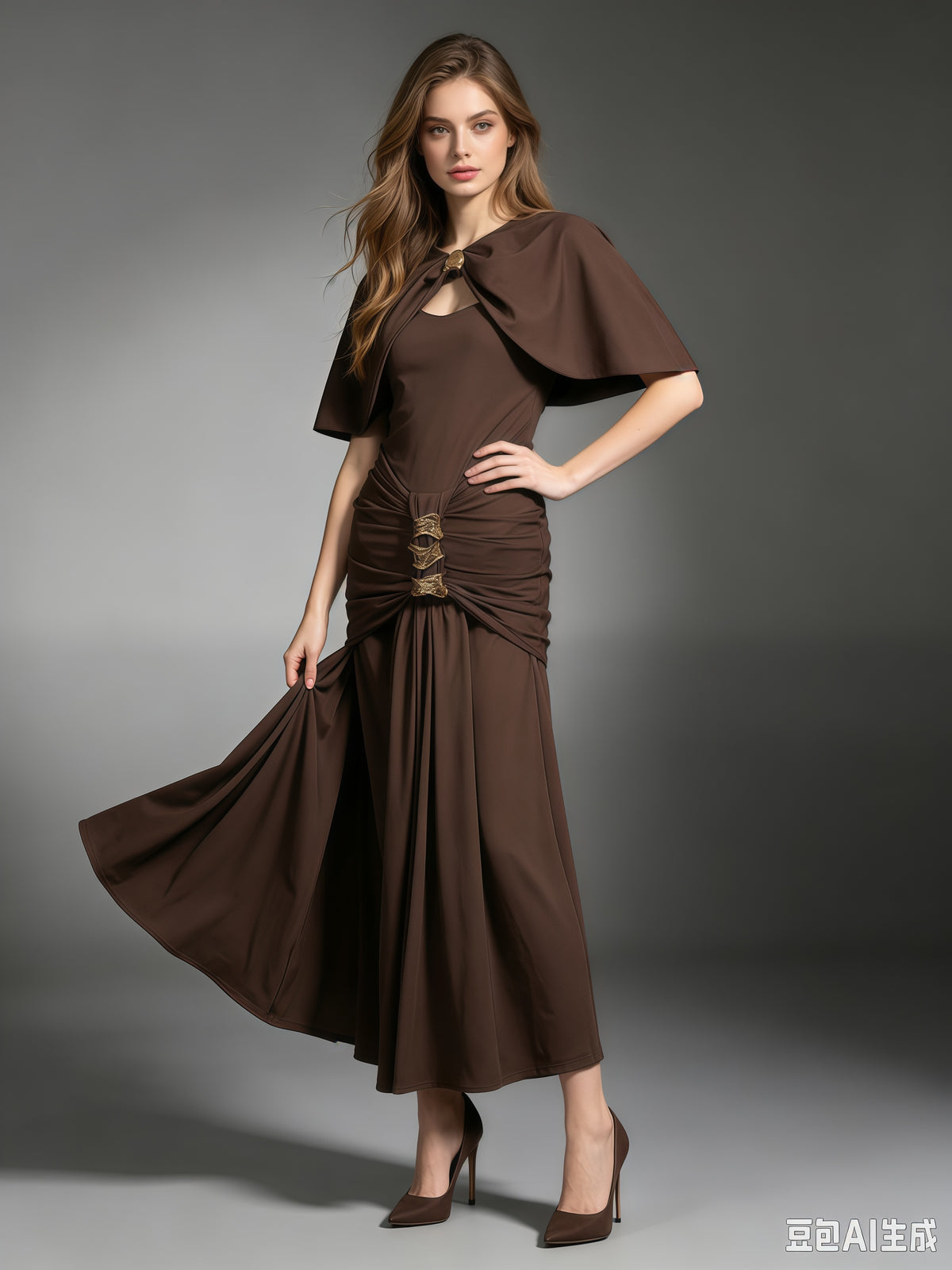Coffee Cutout Neck Ruched Waist Maxi Dress