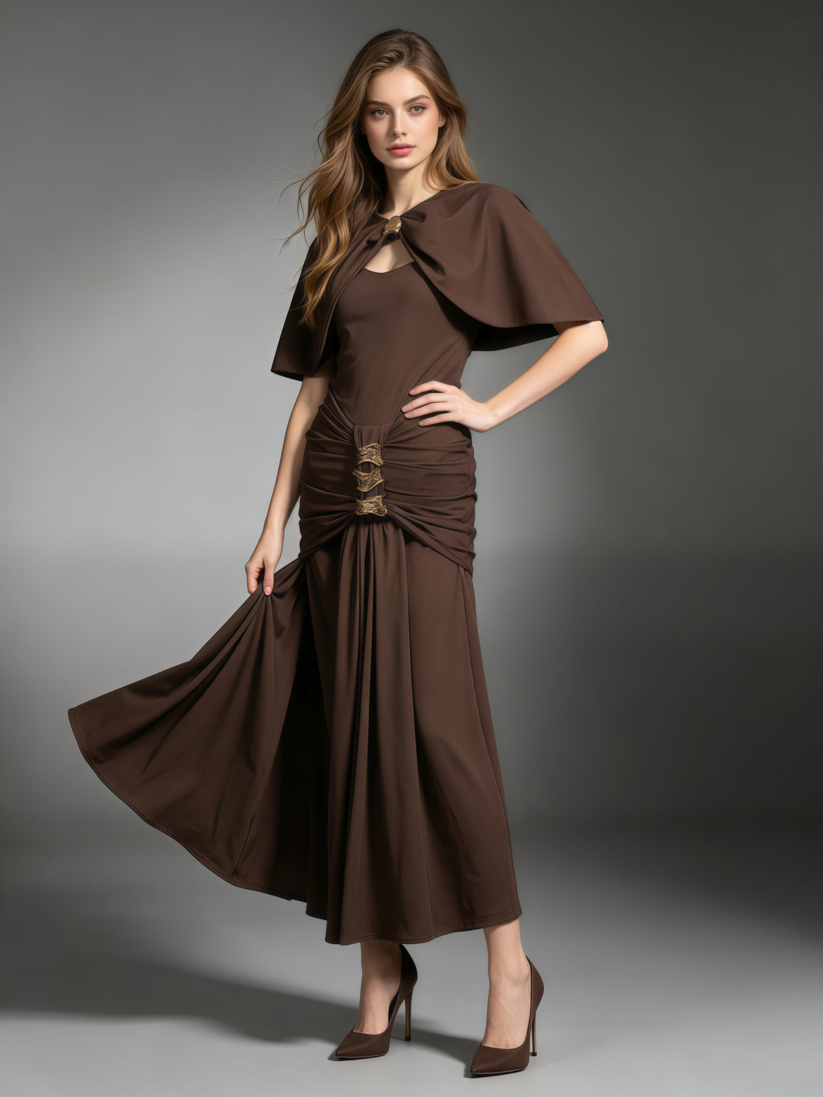 Coffee Cutout Neck Ruched Waist Maxi Dress