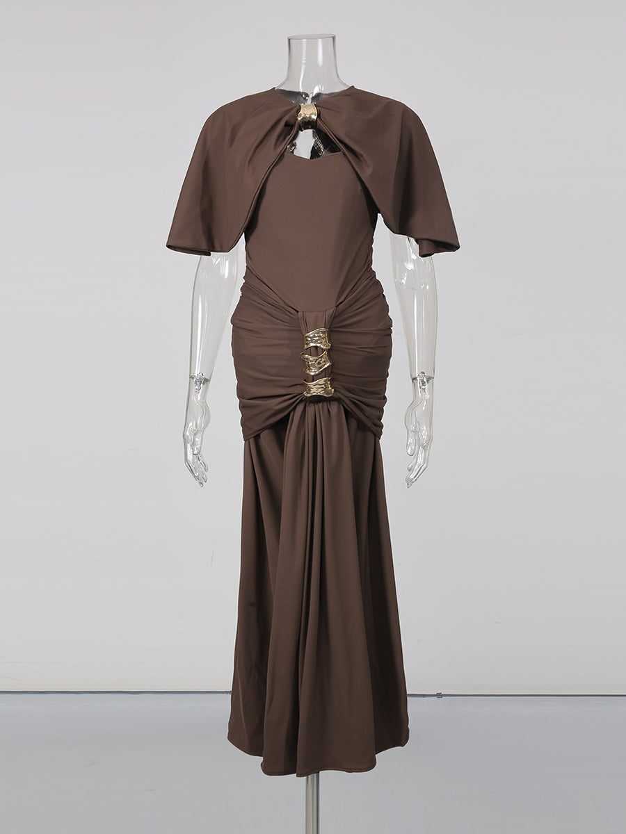 Coffee Cutout Neck Ruched Waist Maxi Dress