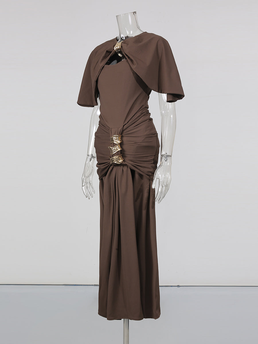Coffee Cutout Neck Ruched Waist Maxi Dress