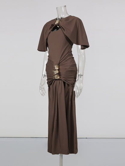 Coffee Cutout Neck Ruched Waist Maxi Dress