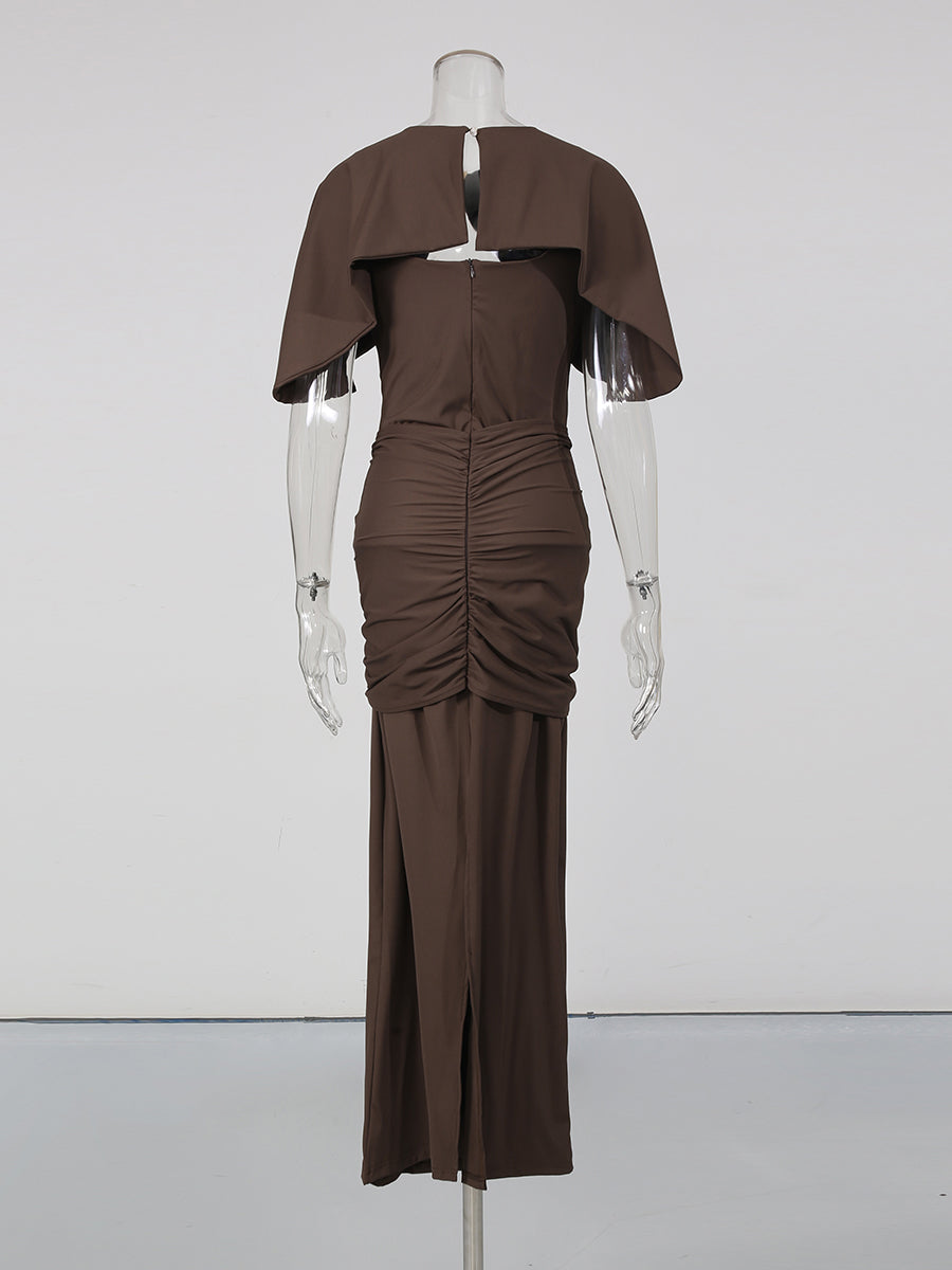 Coffee Cutout Neck Ruched Waist Maxi Dress