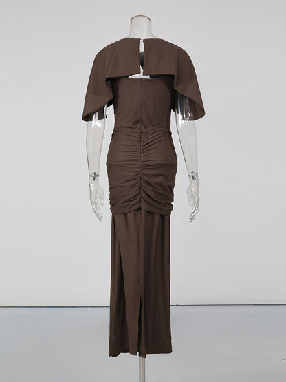 Coffee Cutout Neck Ruched Waist Maxi Dress