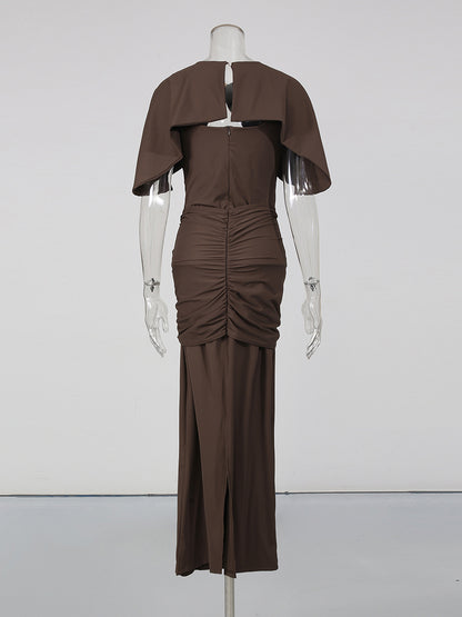 Coffee Cutout Neck Ruched Waist Maxi Dress