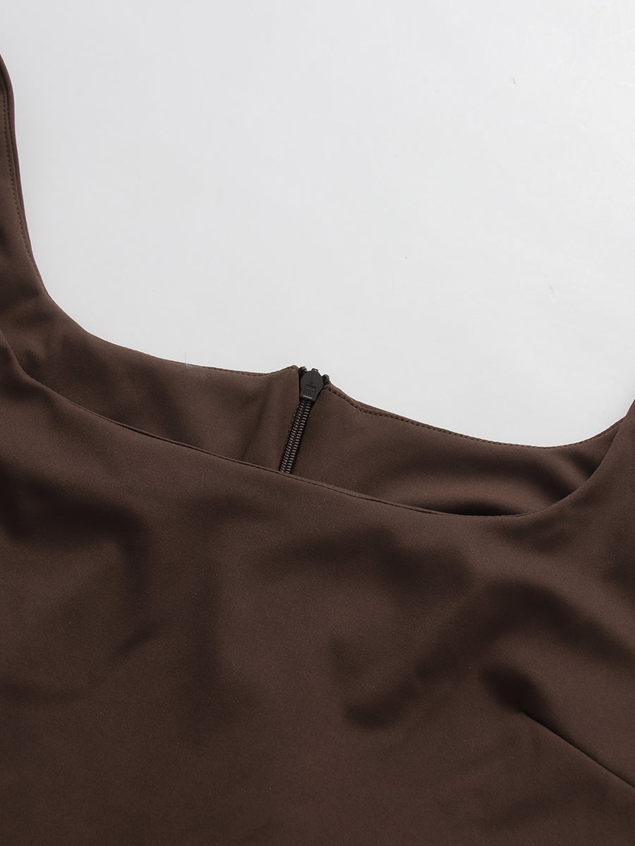 Coffee Cutout Neck Ruched Waist Maxi Dress