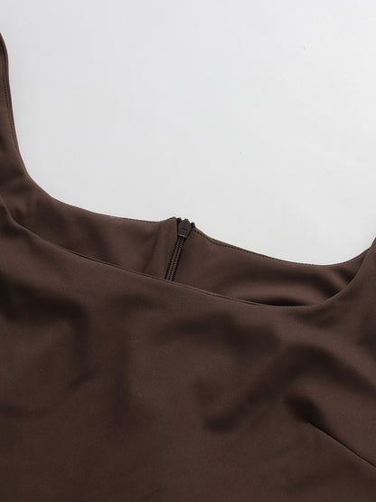 Coffee Cutout Neck Ruched Waist Maxi Dress