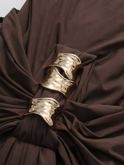 Coffee Cutout Neck Ruched Waist Maxi Dress