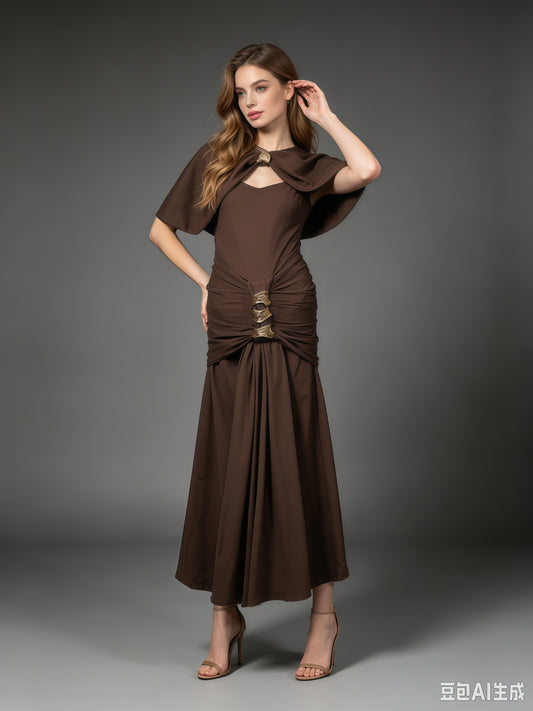 Coffee Cutout Neck Ruched Waist Maxi Dress