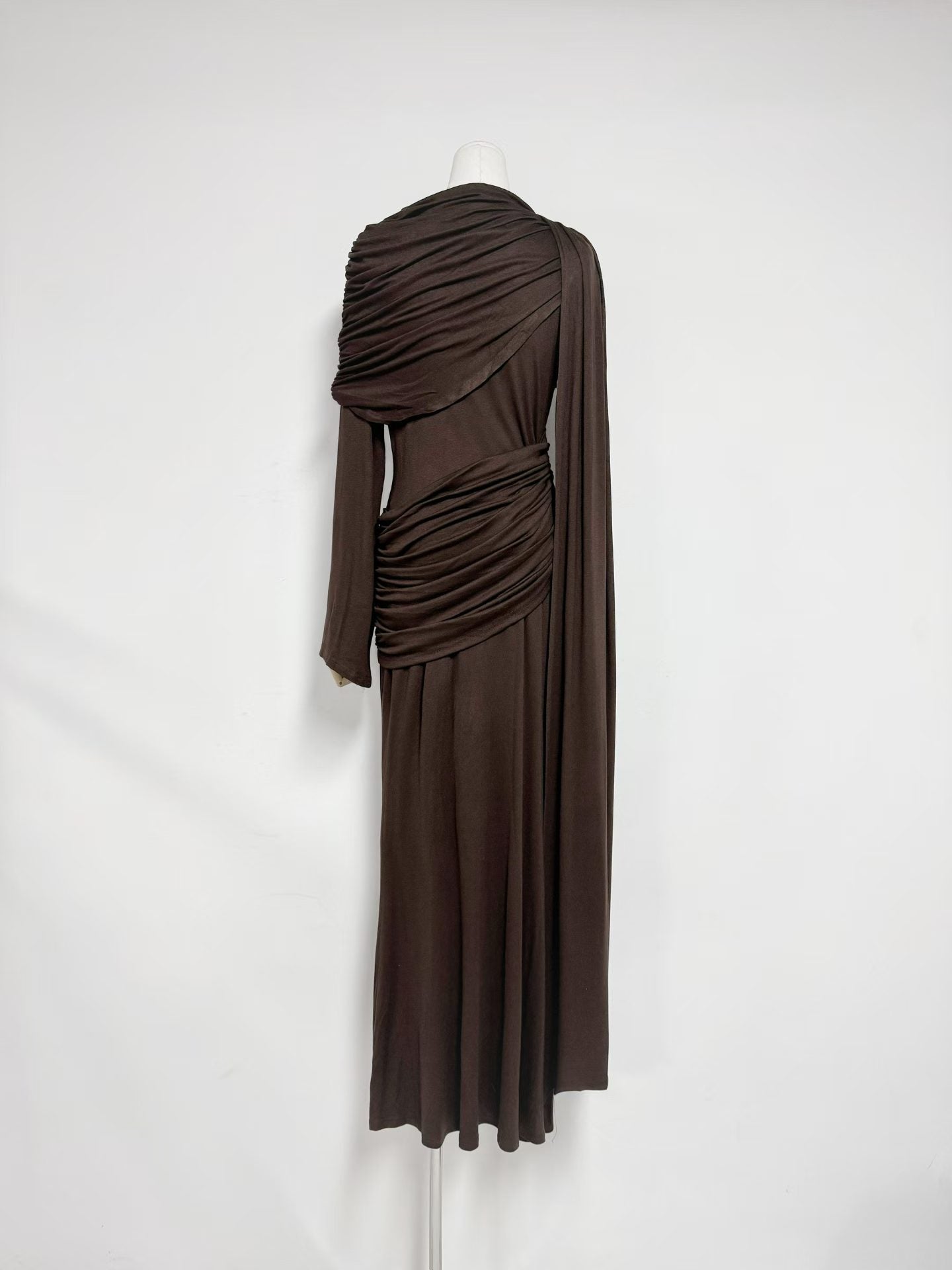 Coffee Draped Fold Cape Sleeve Maxi Dress