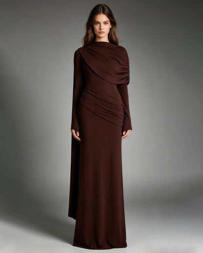 Coffee Draped Fold Cape Sleeve Maxi Dress