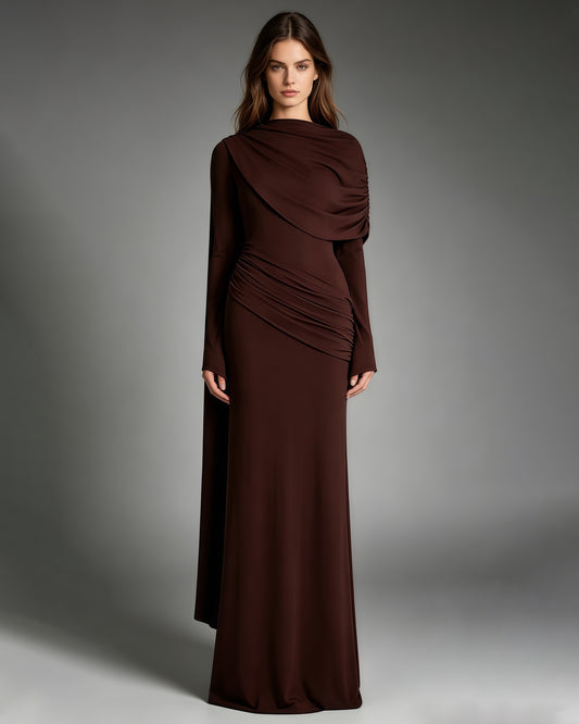 Coffee Draped Fold Cape Sleeve Maxi Dress