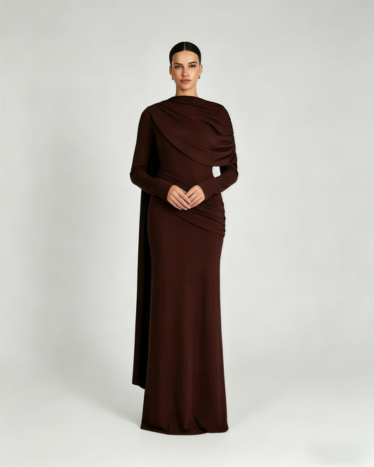 Coffee Draped Fold Cape Sleeve Maxi Dress