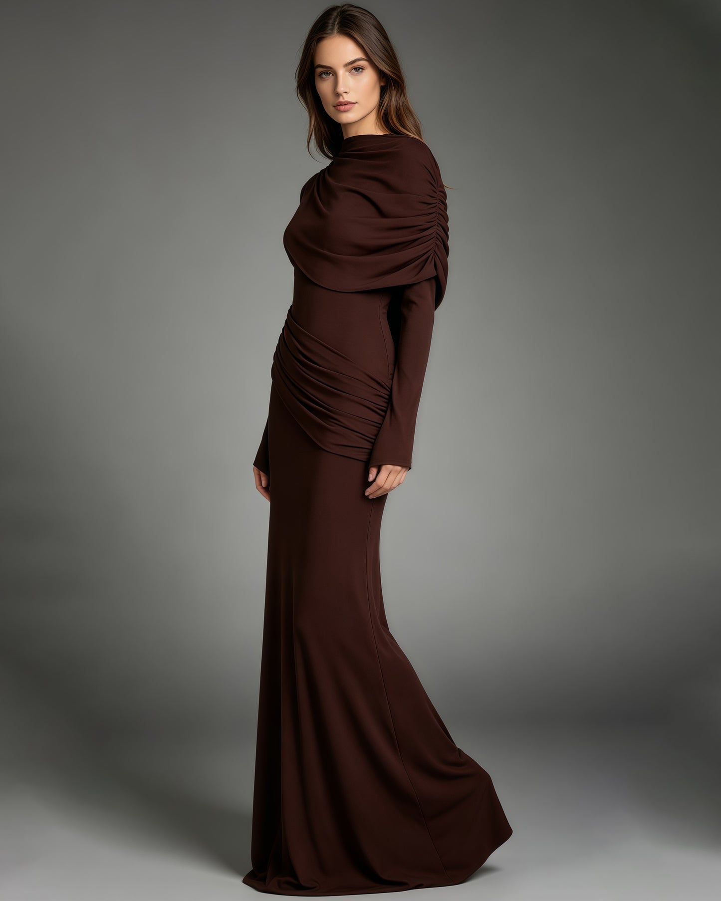 Coffee Draped Fold Cape Sleeve Maxi Dress