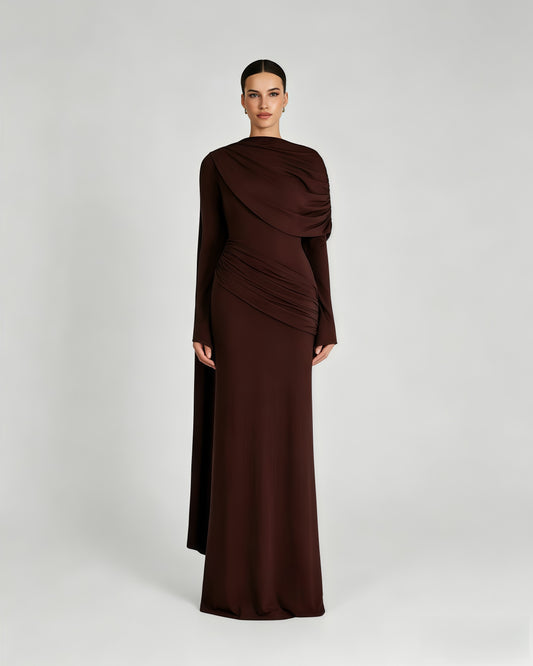 Coffee Draped Fold Cape Sleeve Maxi Dress