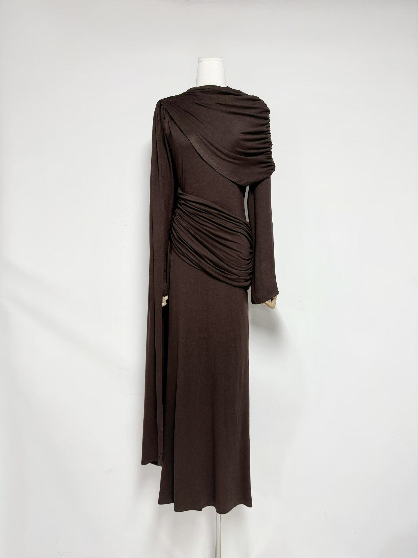 Coffee Draped Fold Cape Sleeve Maxi Dress