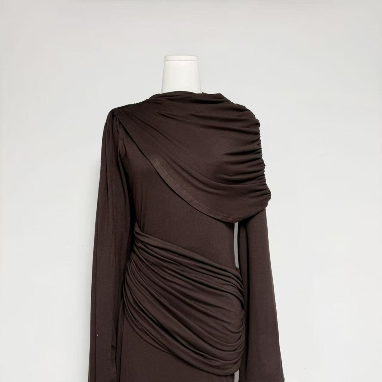 Coffee Draped Fold Cape Sleeve Maxi Dress