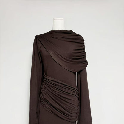 Coffee Draped Fold Cape Sleeve Maxi Dress