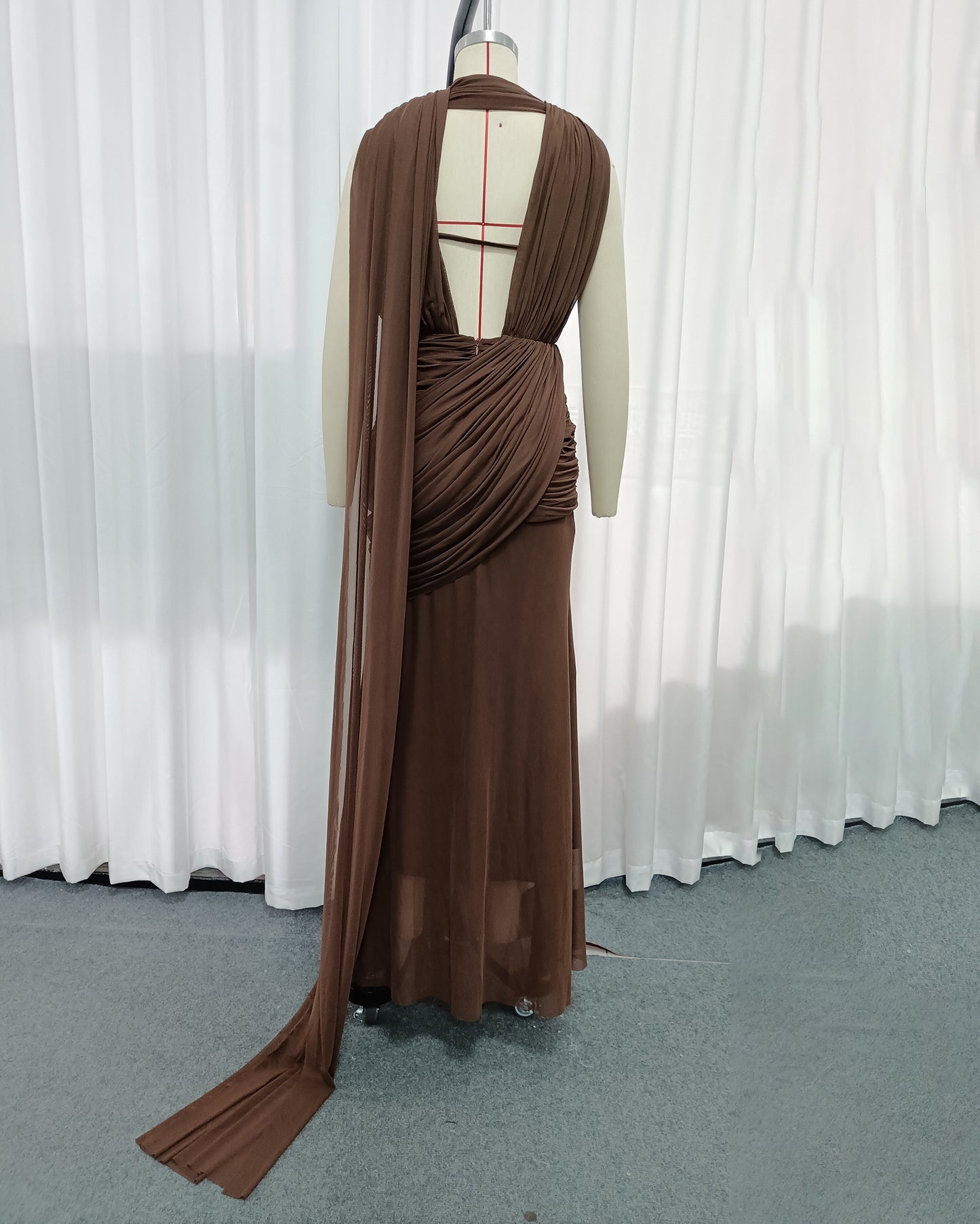 Coffee Draped Halter Open Back Maxi Dress