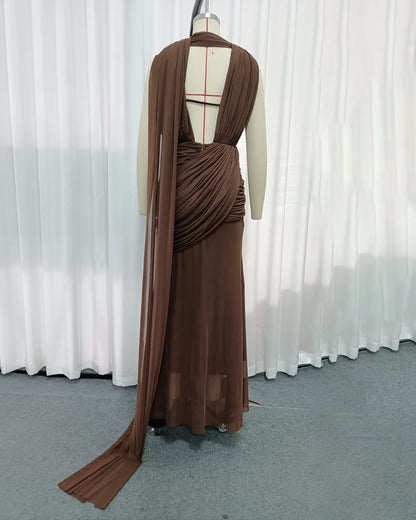 Coffee Draped Halter Open Back Maxi Dress