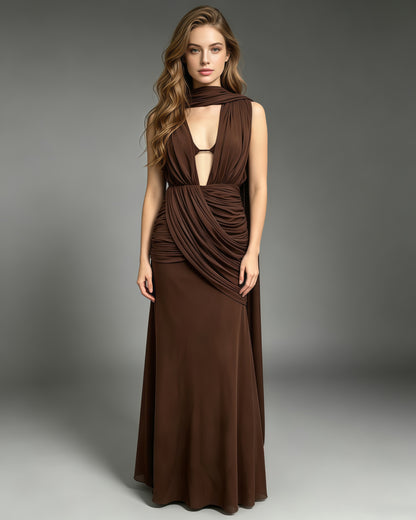 Coffee Draped Halter Open Back Maxi Dress