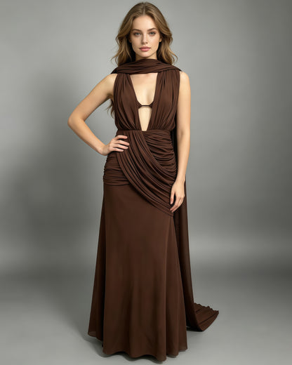 Coffee Draped Halter Open Back Maxi Dress