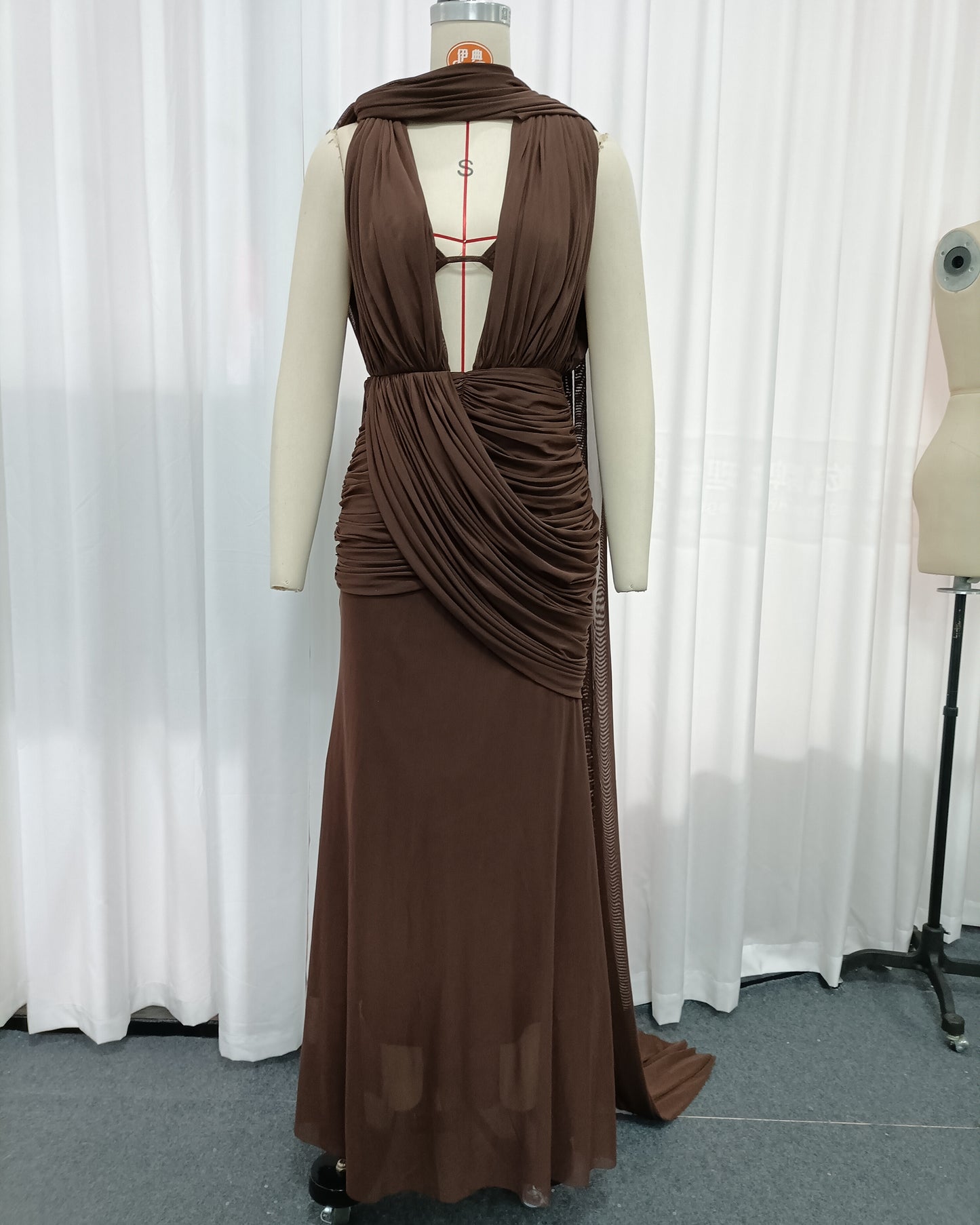 Coffee Draped Halter Open Back Maxi Dress