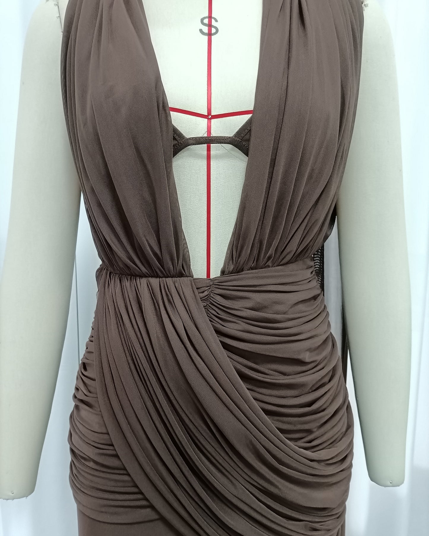 Coffee Draped Halter Open Back Maxi Dress
