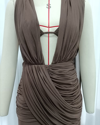 Coffee Draped Halter Open Back Maxi Dress