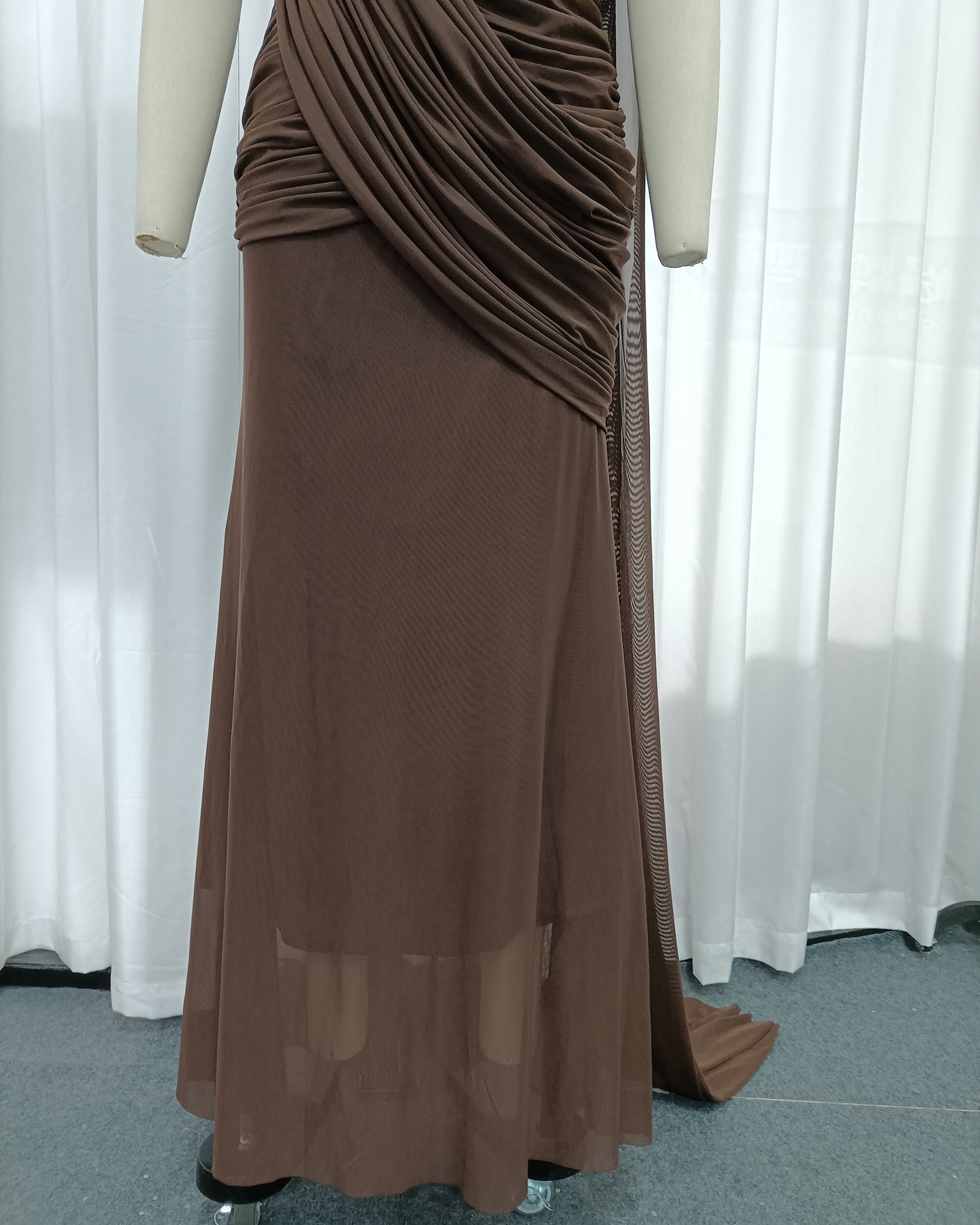 Coffee Draped Halter Open Back Maxi Dress