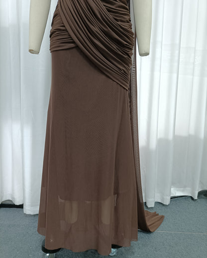 Coffee Draped Halter Open Back Maxi Dress