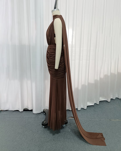 Coffee Draped Halter Open Back Maxi Dress