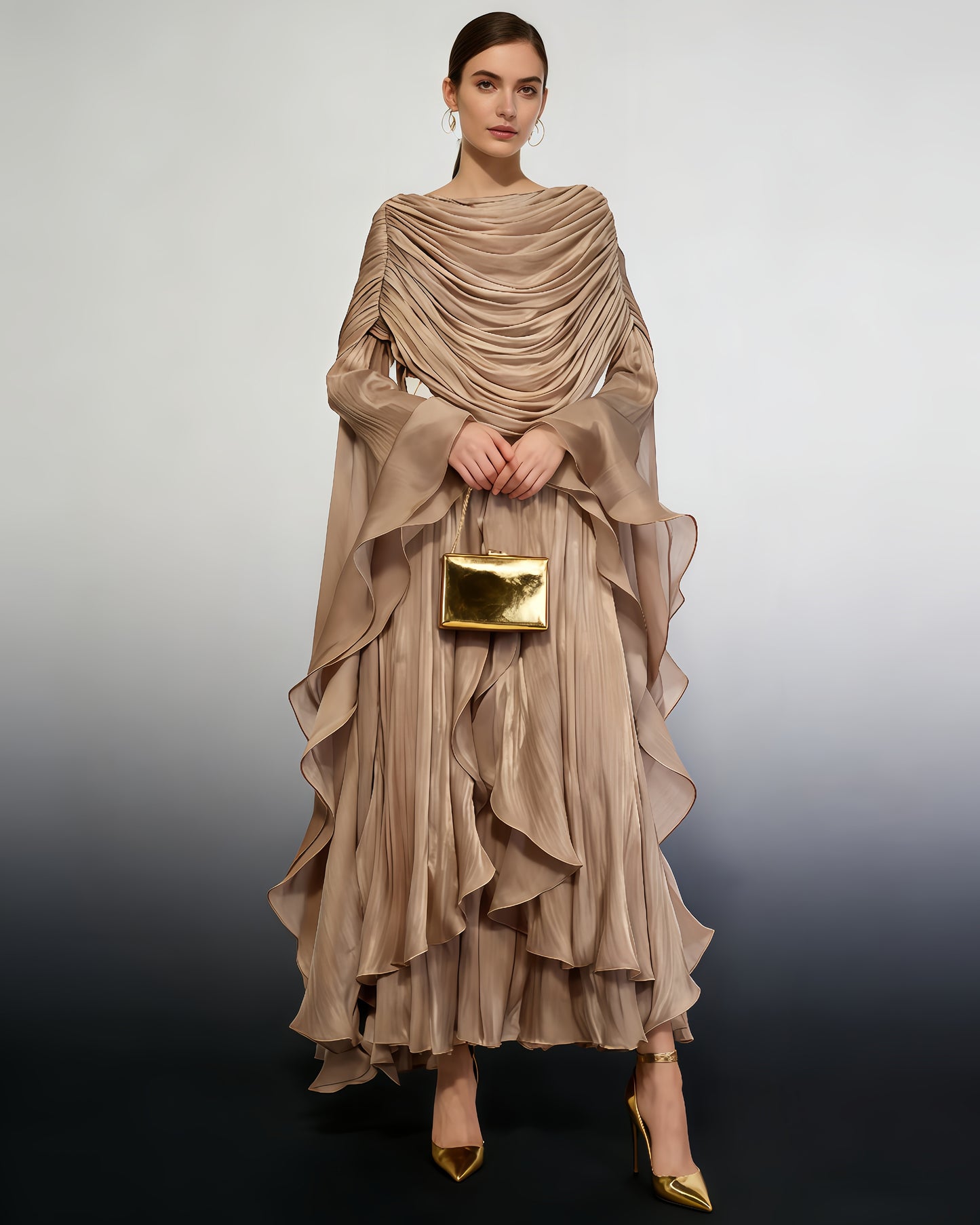 Coffee Draped Ruffled Asymmetrical Maxi Gown