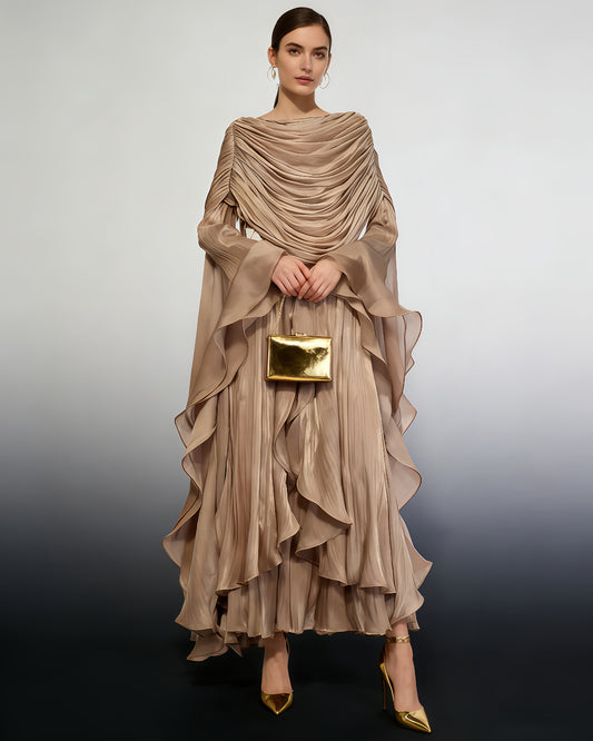 Coffee Draped Ruffled Asymmetrical Maxi Gown
