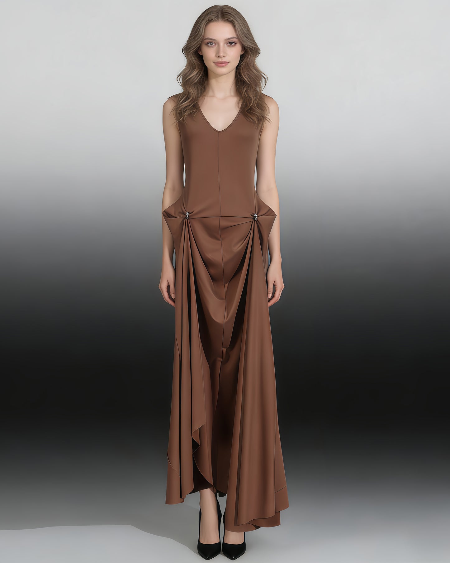 Coffee Draped Sleeveless Maxi Dress