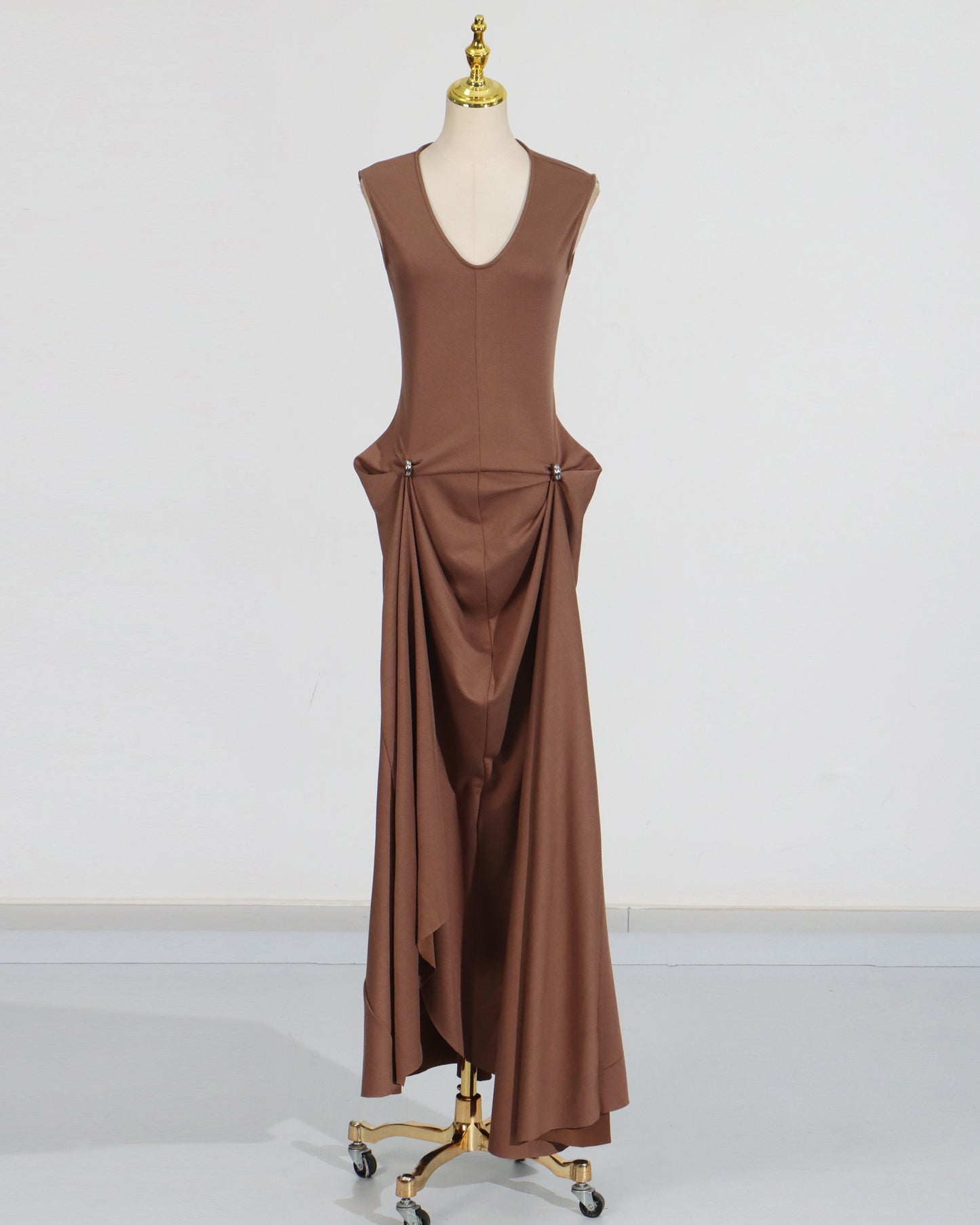 Coffee Draped Sleeveless Maxi Dress