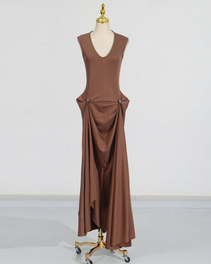 Coffee Draped Sleeveless Maxi Dress