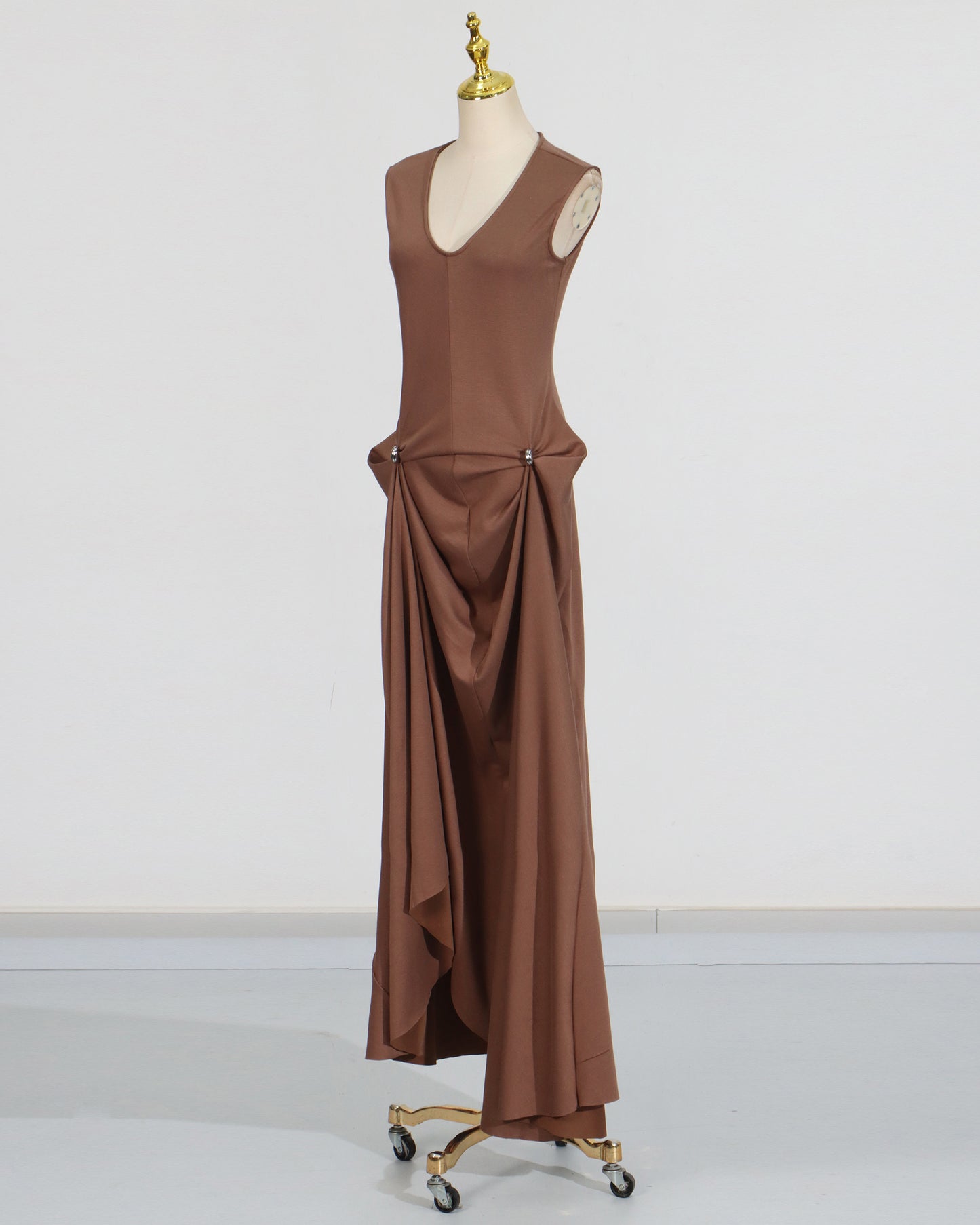 Coffee Draped Sleeveless Maxi Dress